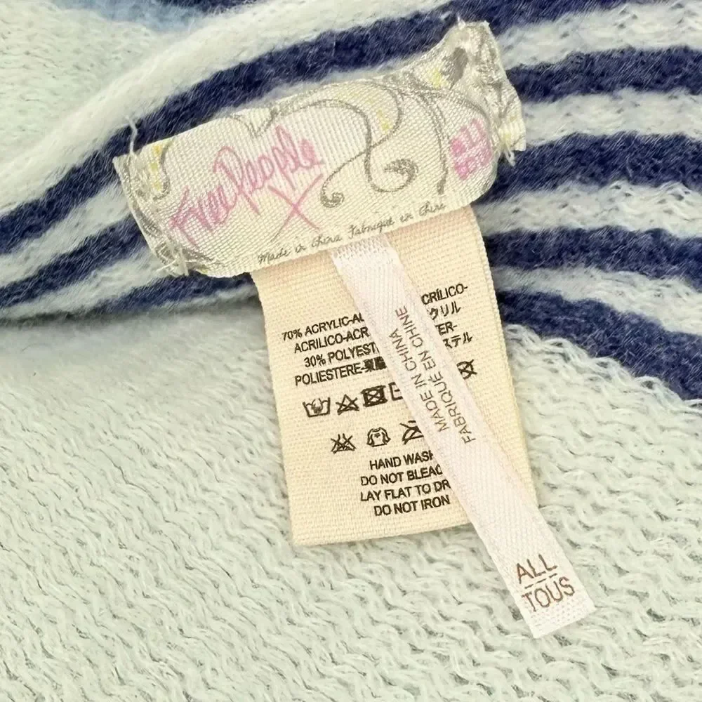 Free People Color Block Blue Stripe Oversized Fringed Edge Scarf Shawl Wrap